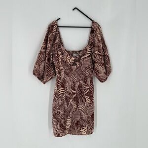 MNG Mango Palm Print Eyelet Balloon Sleeve Mini Dress
